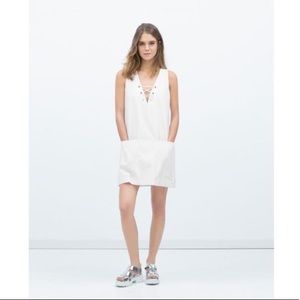 Zara White Lace-Up V-Neck Mini Dress